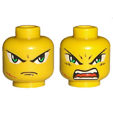 yellow minifigure head dual sided exo-force green eyes with frown and scar open mouth pattern takeshi