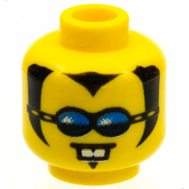 yellow minifigure head black widows peak sideburns and soul patch sunglasses with blue lenses neutral with white buck teeth pattern