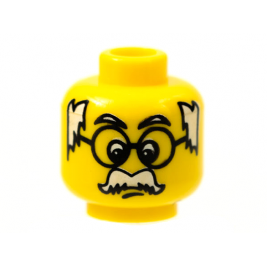 yellow minifigure head moustache white hair on sides and large glasses pattern
