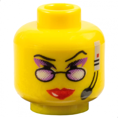 yellow minifigure head female black thin eyebrows purple eye shadow reading glasses red lips headset with microphone pattern