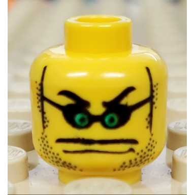 yellow minifigure head mask small with green eyes stubble thin wide moustache over mouth line pattern
