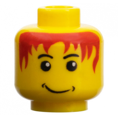 yellow minifigure head black eyebrows messy red hair lopsided grin with dimples pattern