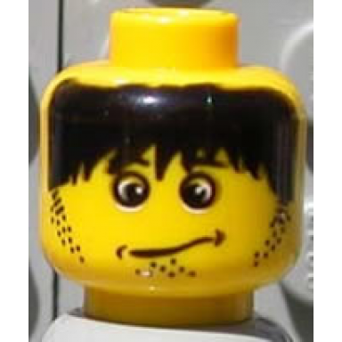 yellow minifigure head male confused expression messy black hair pattern henchman 2