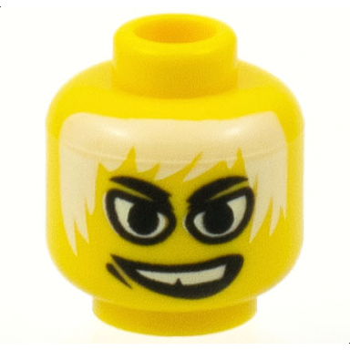 yellow minifigure head black eyebrows large eyes messy white hair wide lopsided open mouth smile with top teeth and gap pattern