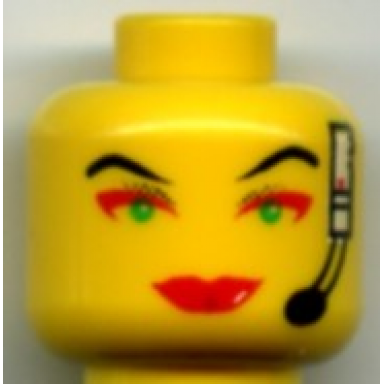 yellow minifigure head female with red lips green eyes red eye shadow headset pattern cam