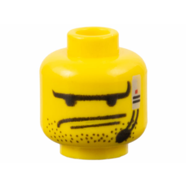 yellow minifigure head male long eyebrows 2 lines mouth stubble and headset pattern
