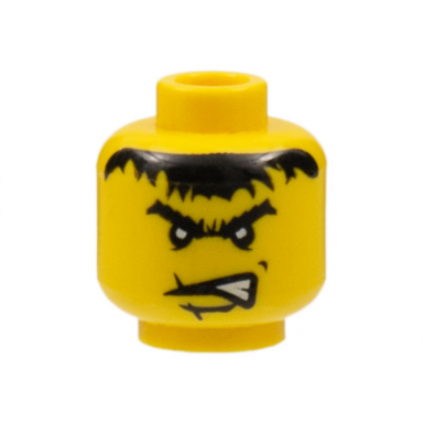 yellow minifigure head male scar across lip angry black eyebrows and messy hair pattern dracus