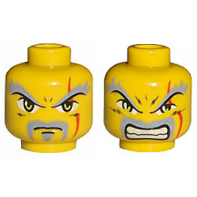 yellow minifigure head dual sided exo-force dark gray moustache eyebrows thin scar and closed mouth bared teeth pattern keiken