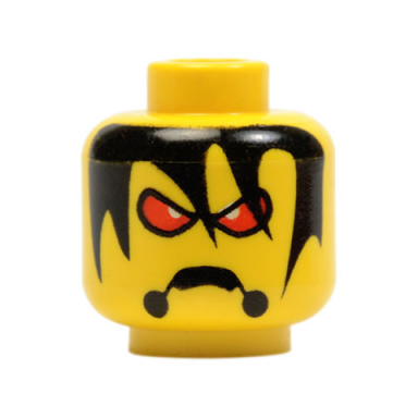 yellow minifigure head alien with red eyes frown and messy hair pattern