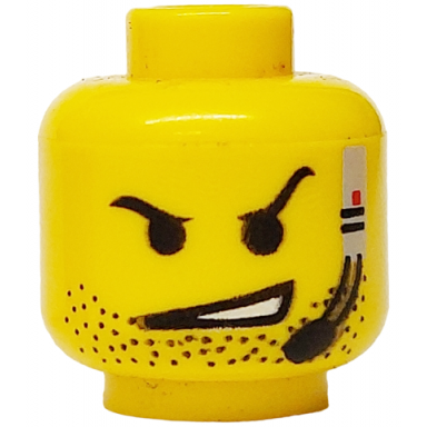 yellow minifigure head black eyebrows beard stubble headset with microphone lopsided open mouth scowl with teeth pattern
