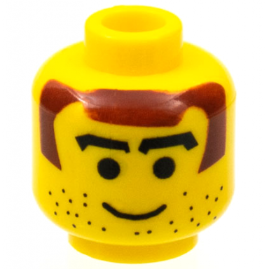 yellow minifigure head black thick blocky eyebrows dark red hair and sideburns beard stubble grin pattern