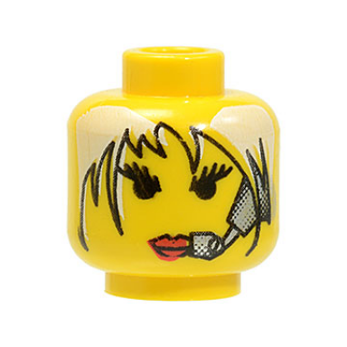 yellow minifigure head female with red lips white hair and headset pattern