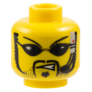 yellow minifigure head black thin eyebrows sunglasses moustache stubble and soul patch headset with microphone angry scowl with teeth pattern