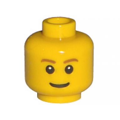 yellow minifigure head brown eyebrows thin grin black eyes with white pupils pattern