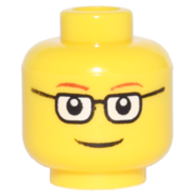 yellow minifigure head dark red thin eyebrows black rectangular glasses with white lenses grin pattern