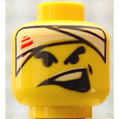 yellow minifigure head black thick eyebrows white head bandage with red streaks dimple wide lopsided open mouth with top teeth pattern