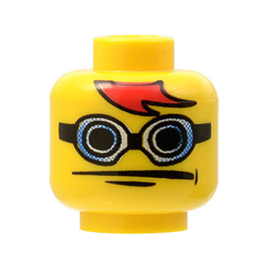 yellow minifigure head blue and white goggles with black strap red hair bangs chin dimple wide neutral pattern