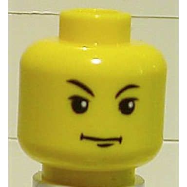 yellow minifigure head male hp tom riddle with black eyelashes and white pupils arched right brow chin dimple pattern