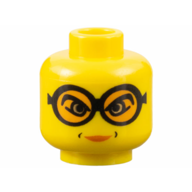 yellow minifigure head female glasses with orange goggles dimples around lips patternd