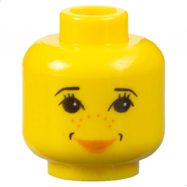yellow minifigure head female with black thin eyebrows eyelashes and dimples earth orange freckles and lips smile pattern