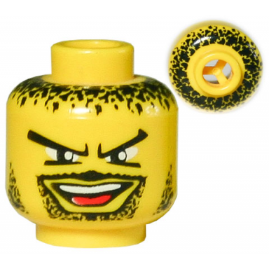 yellow minifigure head moustache open mouth goatee v brow eyes black hair stubble pattern