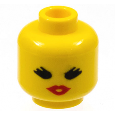 yellow minifigure head female with black eyes with thick eyelashes red lips open mouth pattern