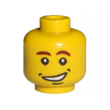 yellow minifigure head reddish brown thick eyebrows dimples and chin dimple lopsided open mouth smile with teeth pattern