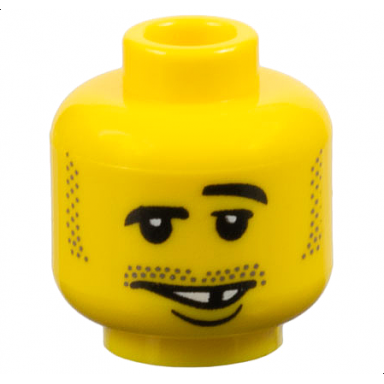 yellow minifigure head black eyebrows left raised moustache and sideburns stubble lopsided open mouth smile with teeth and lower lip missing tooth pattern