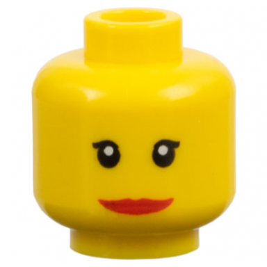 yellow minifigure head female with red lips wide smile small eyelashes pattern
