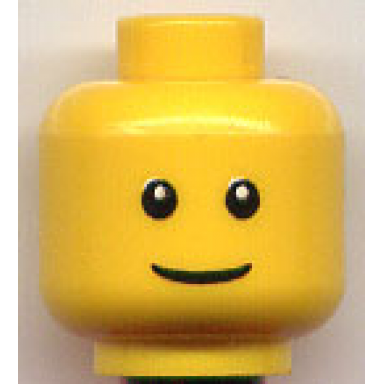yellow minifigure head male thin grin black eyes with white pupils no eyebrows pattern