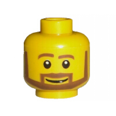 yellow minifigure head beard brown angular with white pupils and grin pattern