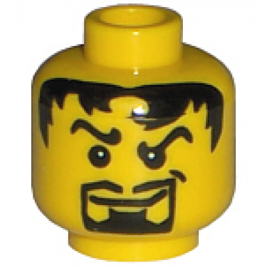 yellow minifigure head black wavy eyebrows messy hair thin moustache goatee lopsided grin with dimple pattern
