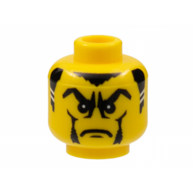 yellow minifigure head male sideburns with white stripes frown and facial hair white pupils pattern vladek