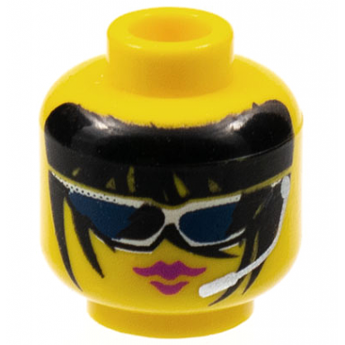 yellow minifigure head female dark blue sunglasses silver microphone black long hair and purple lips pattern radia