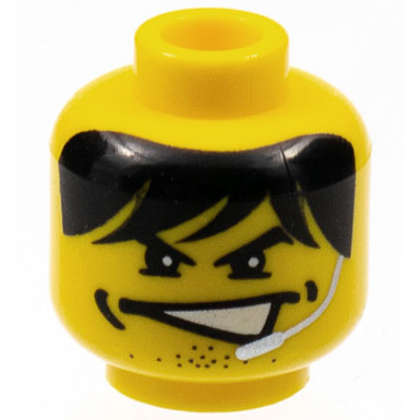 yellow minifigure head male partially open mouth black shaggy hair dimples stubble and silver microphone pattern charge