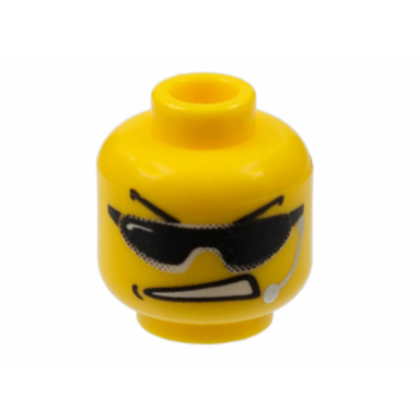 yellow minifigure head glasses with sunglasses arched eyebrows open mouth and headset pattern