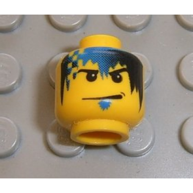 yellow minifigure head male smirk blue goatee blue and black fade and checkered hair pattern zed