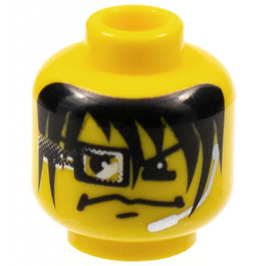 yellow minifigure head male grim expression black hair with long bangs silver microphone and square eye device pattern arrow