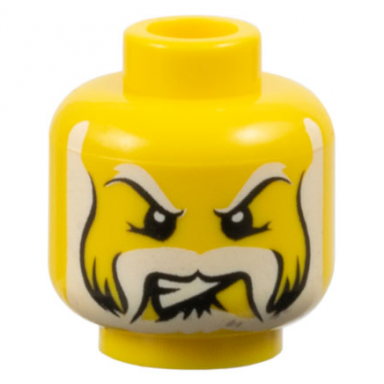 yellow minifigure head black and white eyebrows moustache and full beard lopsided angry bared teeth pattern