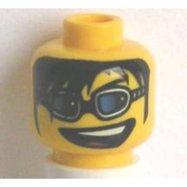 yellow minifigure head glasses with blue glasses long black bangs and open mouth pattern