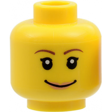 yellow minifigure head female reddish brown thin eyebrows black single eyelashes nougat lips wide grin pattern