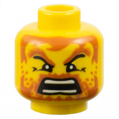 yellow minifigure head dark orange eyebrows moustache full beard with stubble and hair angry open mouth with teeth parted pattern