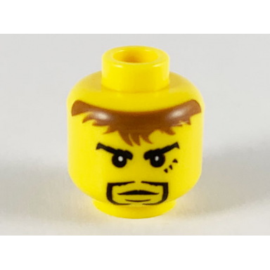 yellow minifigure head black goatee messy brown hair cleft chin 3 marks under left eye pattern adric