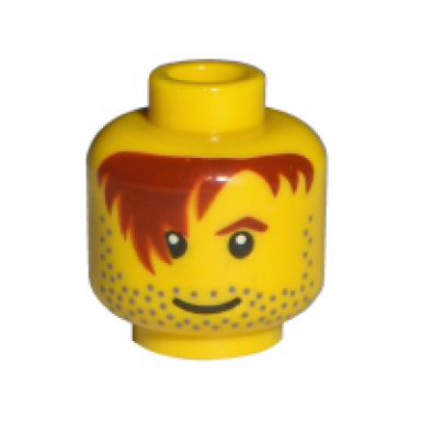 yellow minifigure head male red-brown hair over eye one eyebrow stubble white pupils pattern