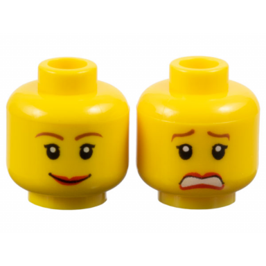 yellow minifigure head dual sided female reddish brown thin eyebrows black single eyelashes red lips wide grin scared open mouth with teeth pattern