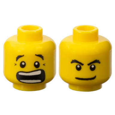 yellow minifigure head dual sided bushy black eyebrows scared open mouth with teeth parted smirk pattern