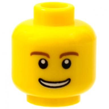 yellow minifigure head reddish brown eyebrows thin grin with teeth black eyes with white pupils pattern