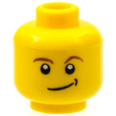 yellow minifigure head reddish brown eyebrows white pupils lopsided smile with black dimple pattern