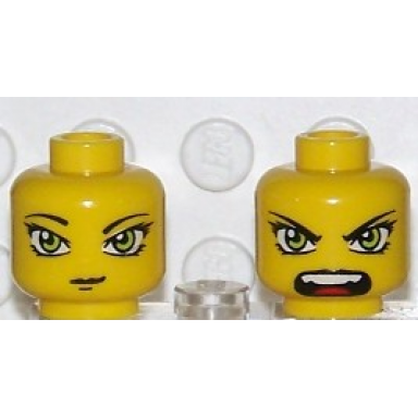 yellow minifigure head dual sided exo-force green eyes female with slight smirk open mouth pattern hitomi