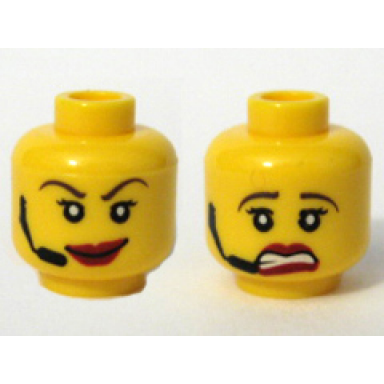 yellow minifigure head dual sided female red lips headset scared smile pattern